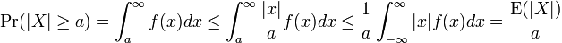 \Pr(|X| \geq a) = \int_a^\infty {f(x)dx} \leq \int_a^\infty {\frac{|x|}{a}f(x)dx} \leq \frac{1}{a} \int_{-\infty}^{\infty}{|x|f(x)dx} = \frac{\operatorname{E}(|X|)}{a} 