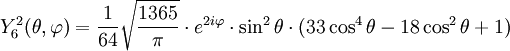 Y_{6}^{2}(\theta,\varphi)={1\over 64}\sqrt{1365\over \pi}\cdot e^{2i\varphi}\cdot\sin^{2}\theta\cdot(33\cos^{4}\theta-18\cos^{2}\theta+1)