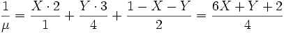 \frac{1}{\mu}=\frac{X \cdot 2}{1}+\frac{Y \cdot 3}{4}+\frac{1-X-Y}{2}=\frac{6X+Y+2}{4}