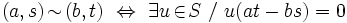 (a,s)\!\sim\!(b,t)\ \Leftrightarrow\ \exists u\!\in\!S\ /\ u(at-bs)=0