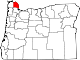Mapa de Oregón con la ubicación del condado de Columbia