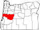 Mapa de Oregón con la ubicación del condado de Lane