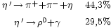 \begin{matrix} {}_{\eta\,'\,\rightarrow\,\pi^+ + \pi^- + \eta} & 
                                    {}_{44,3%} \\
                                    {}_{\eta\,'\,\rightarrow\,\rho^0 + \gamma} & 
                                    {}_{29,5%} 
                 \end{matrix}