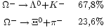\begin{matrix} 
                       {}_{\Omega^{-}\,\rightarrow\,\Lambda^0 + K^-} & 
                       {}_{67,8%} \\
                       {}_{\Omega^{-}\,\rightarrow\,\Xi^0 + \pi^-} & 
                       {}_{23,6%} \\
                 \end{matrix}