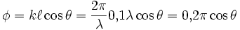 \phi=k\ell\cos\theta={2\pi\over \lambda}0{,}1\lambda\cos\theta =0{,}2\pi\cos\theta 