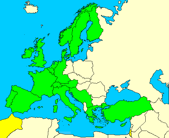En verde, países participantes en el festival. En amarillo, países participantes en años anteriores pero no en este.