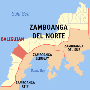 Map of Zamboanga del Norte showing the location of Baliguian
