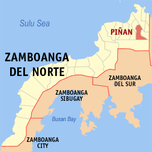 Map of Zamboanga del Norte showing the location of Piñan