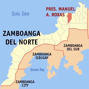 Map of Zamboanga del Norte showing the location of Pres. Manuel A. Roxas