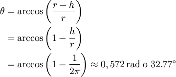 
\begin{align}
\theta & = \arccos \left( \frac{r-h}{r} \right)\\
       & = \arccos \left( 1 - \frac{h}{r} \right)\\
       & = \arccos \left( 1 - \frac{1}{2\pi} \right) \approx 0,572 \,\text{rad} \mbox{ o } 32.77^\circ
\end{align}
