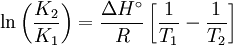\ln \left( {\frac{{K_2 }}{{K_1 }}} \right) =  \frac{{ \Delta H^\circ }}{R}\left[ {\frac{1}{{T_1 }} - \frac{1}{{T_2 }}} \right]