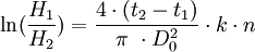 \ln(\frac{H_1}{H_2}) = \frac{4 \cdot (t_2-t_1)}{\pi\ \cdot D_0^2} \cdot k \cdot n 