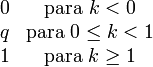 
    \begin{matrix}
    0 & \mbox{para }k<0 \\q & \mbox{para }0\leq k<1\\1 & \mbox{para }k\geq 1
    \end{matrix}
    