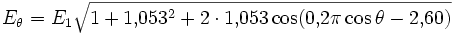  E_\theta= E_1\sqrt{1+1{,}053^2+2\cdot1{,}053\cos(0{,}2\pi\cos\theta -2{,}60)}