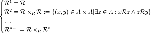 \begin{cases} \mathcal{R}^1=\mathcal{R} \\
\mathcal{R}^2=\mathcal{R}\times_R\mathcal{R}
:= \{(x,y)\in A\times A|\exists z\in A:x\mathcal{R}z \land z\mathcal{R}y\} \\ \dots \\
\mathcal{R}^{n+1}= \mathcal{R}\times_R \mathcal{R}^n \end{cases} 