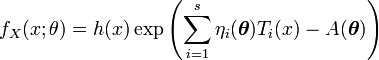  f_X(x; \theta) = h(x) \exp\left(\sum_{i=1}^s \eta_i({\boldsymbol \theta}) T_i(x) - A({\boldsymbol \theta}) \right) \,\!